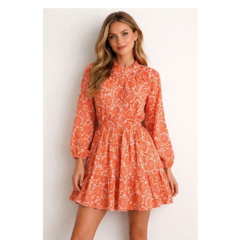 J Crew Ruffle Collar midi Dress Cotton Poplin Floral Bouquet Orange Paisley Med